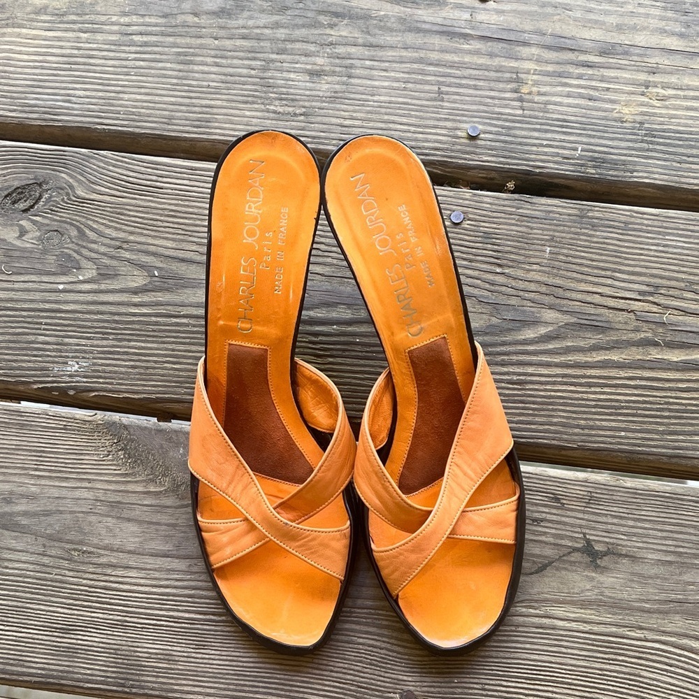 Charles Jourdan Orange Leather Crisscross Slide Mules